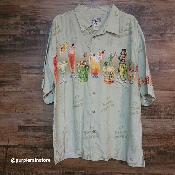 Vtg Big Dogs Hawaiian Camp Shirt 2X Pocket Green Tropical Drinks Vacation Y2K - Picture 1 of 15
